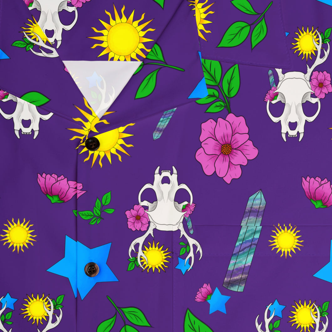 Whimsical Skull Print Button Up Shirt - Purple
