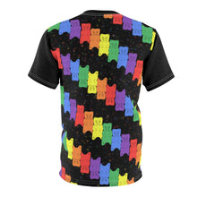 Load image into Gallery viewer, Gummy Bear Pride Stripe Unisex AOP Tee (black sleeves)
