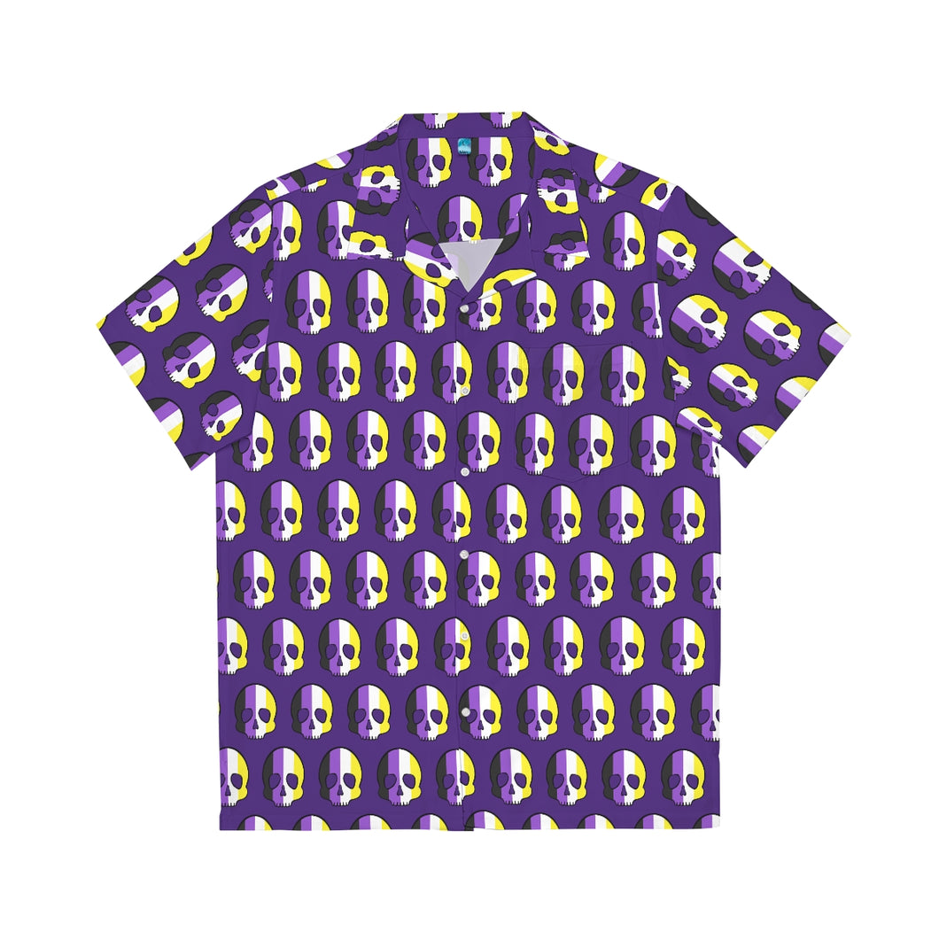 Nonbinary Pride skull Tile Short Sleeve Button Up Shirt