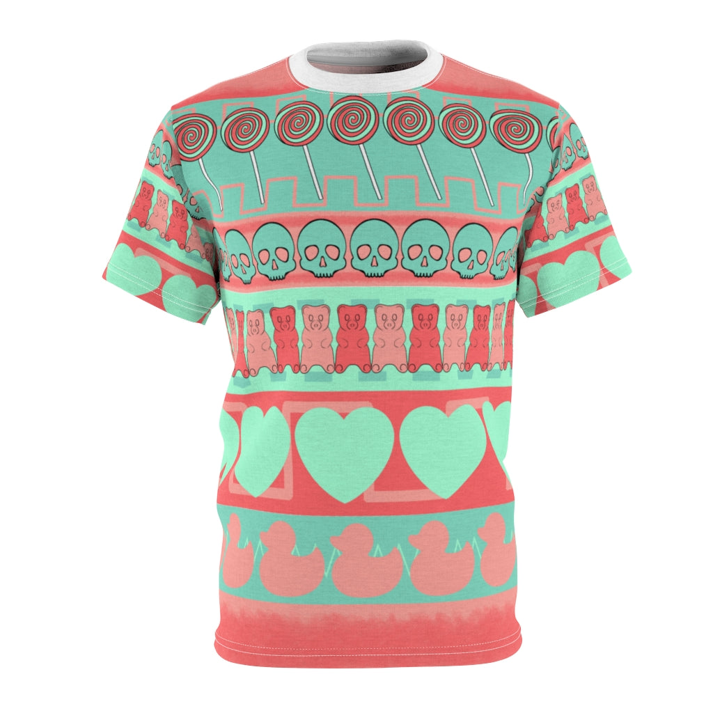 Flamingos and sea-glass ugly sweater stripe Unisex AOP Tee